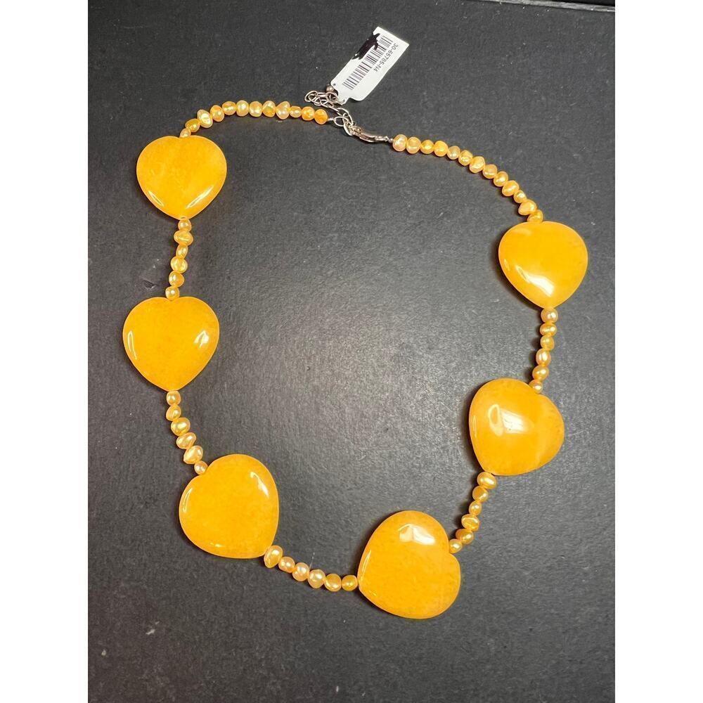 NEW yellow quartzite hearts and pearls necklace with sterling silver clasp